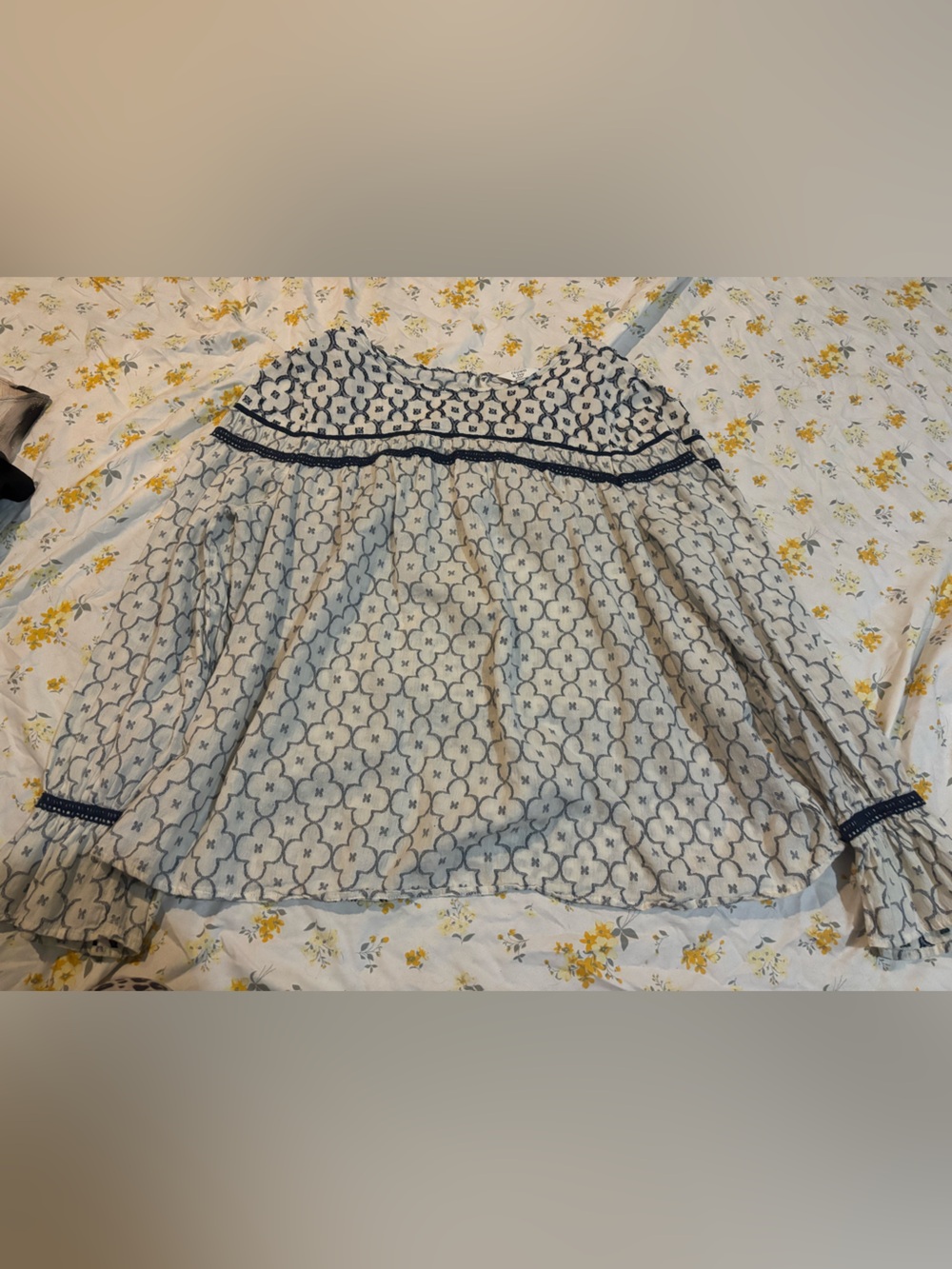 crown & ivy Cream Blouse with Navy Geometric Pattern